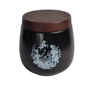 Vintage Ceramic Jar Canister Black White Brown Classical Scene Wood Lid Italy